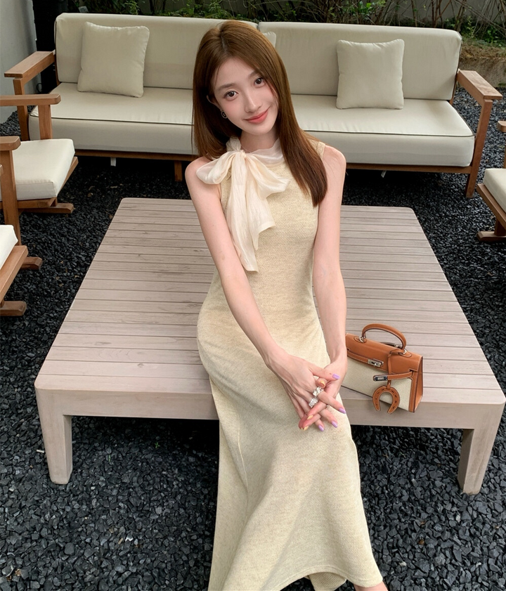 【dress】ボウタイノースリーブロングワンピース   N3776