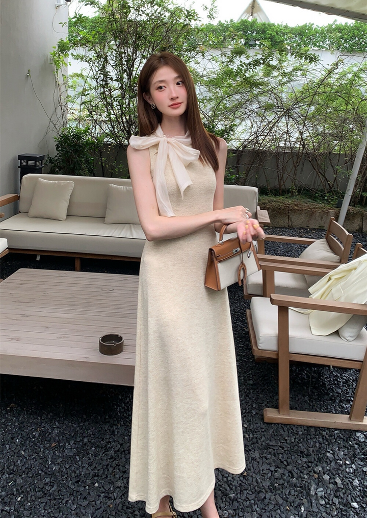 【dress】ボウタイノースリーブロングワンピース   N3776