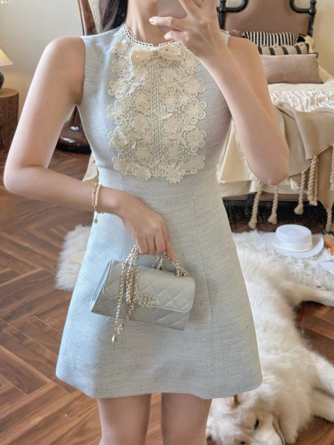 【dress】レースドッキングツイードミニワンピース   N3781
