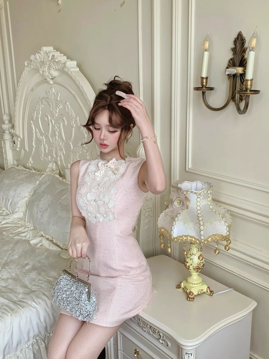 【dress】レースドッキングツイードミニワンピース   N3781