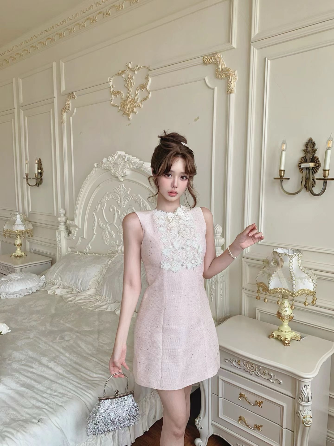 【dress】レースドッキングツイードミニワンピース   N3781
