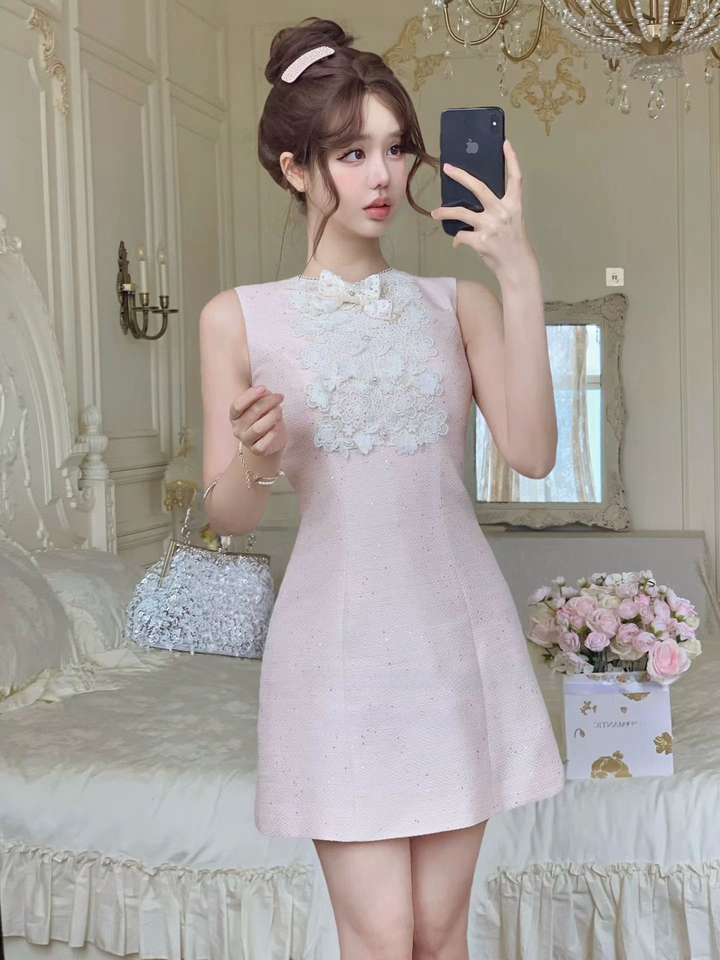 【dress】レースドッキングツイードミニワンピース   N3781