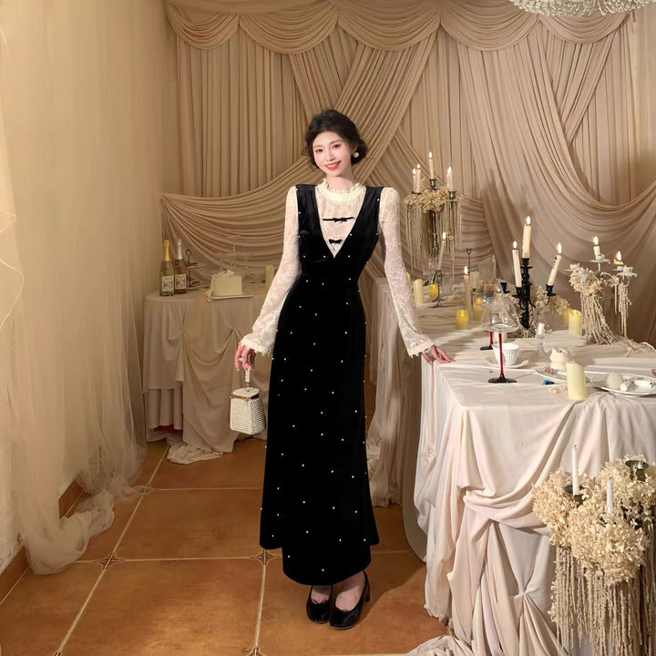 【set】レースブラウス×パール付きサロペットセット  N3784