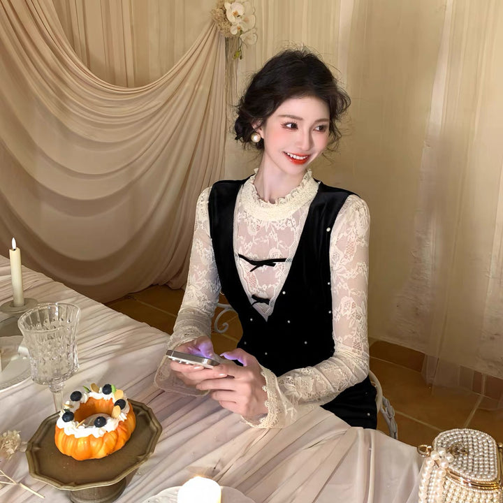 【set】レースブラウス×パール付きサロペットセット  N3784