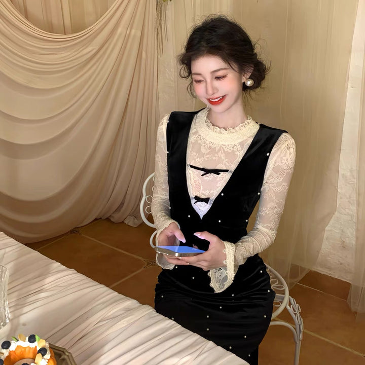 【set】レースブラウス×パール付きサロペットセット  N3784