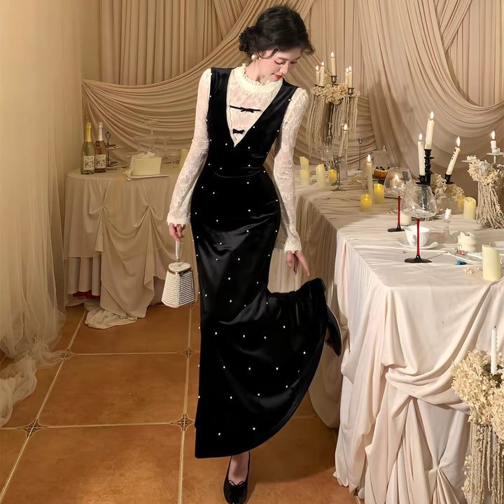 【set】レースブラウス×パール付きサロペットセット  N3784