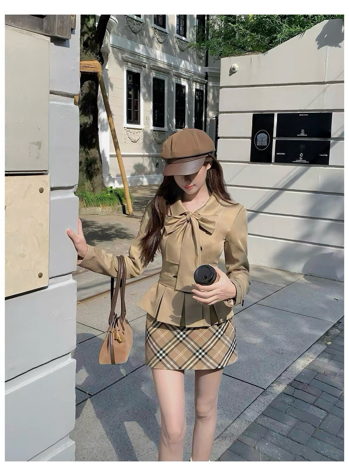 【set】リボントレンチコート×チェックミニスカートセット  N3785
