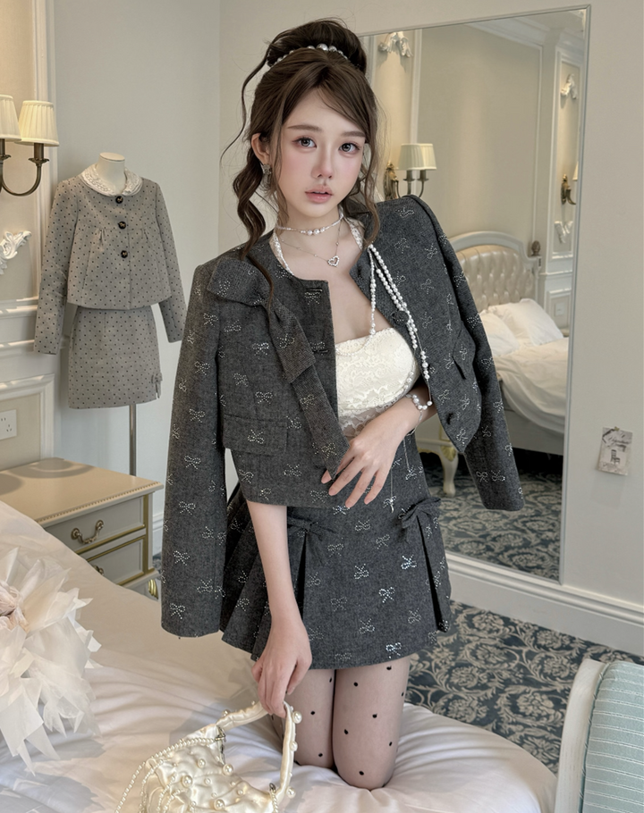 【set】リボンショートジャケット×プリーツスカートセット N3798