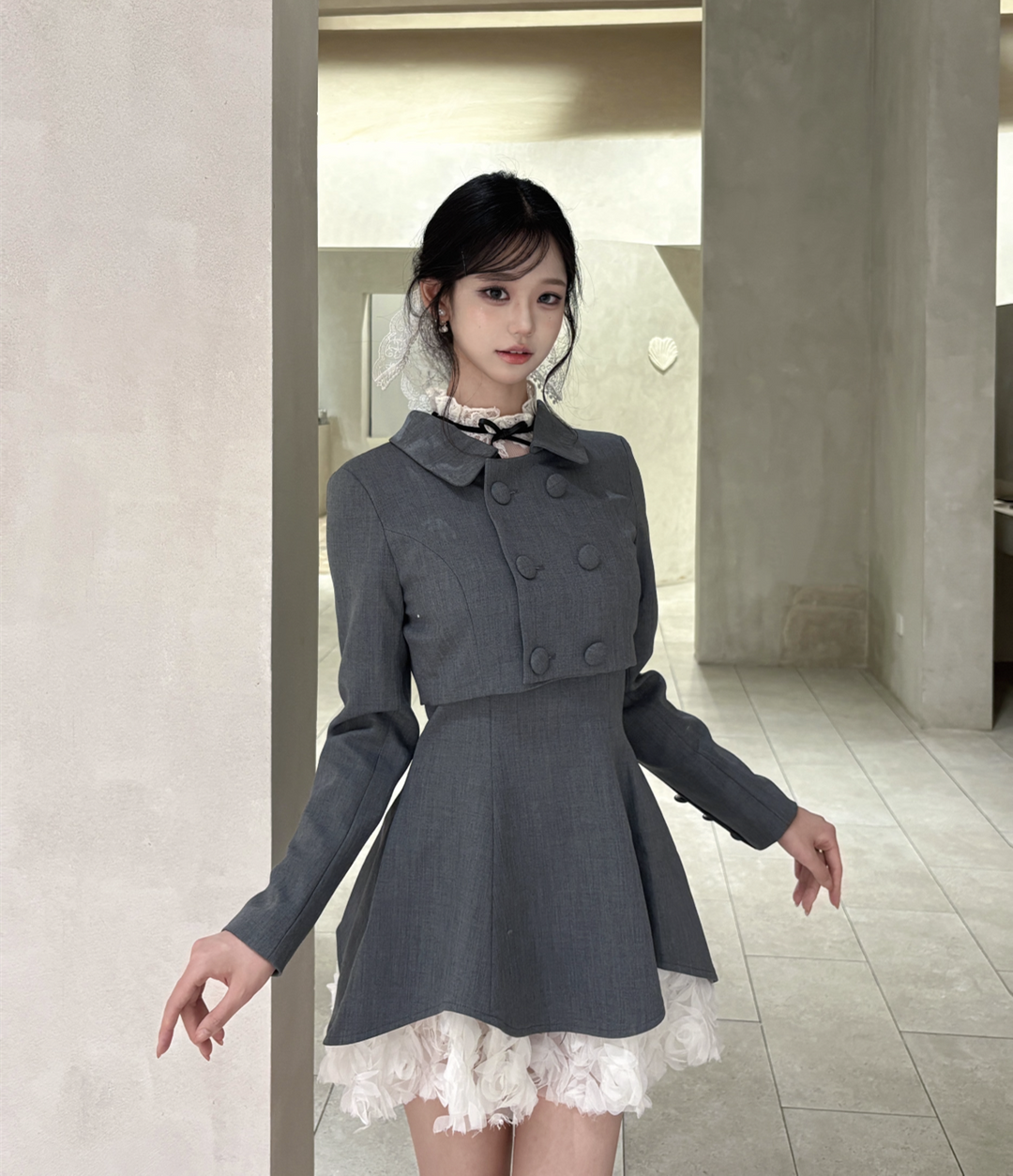 【set】ショートジャケット×レースドッキングミニワンピースセット N3797
