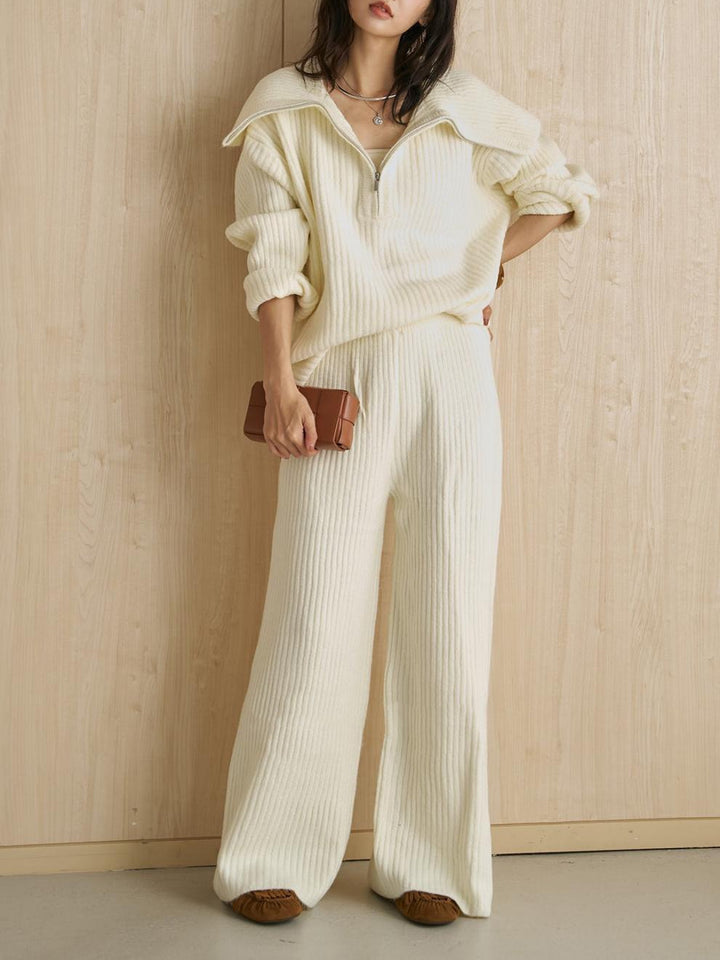 【set】ビッグカラーニットトップス×ワイドパンツニットセット N3803