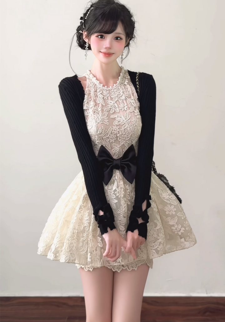 【set】袖リボンカーディガン×レースワンピース×レーススカート3点セット   N3822