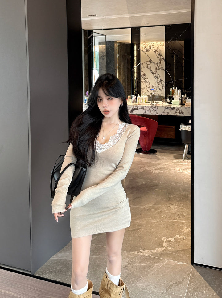 【dress】レースドッキングニットミニワンピース　N3831