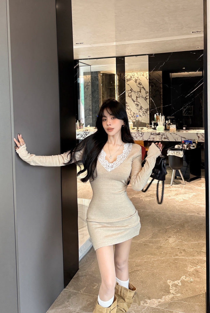 【dress】レースドッキングニットミニワンピース　N3831