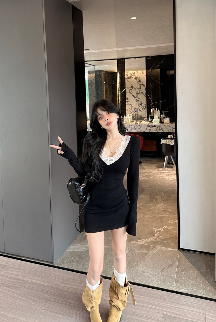 【dress】レースドッキングニットミニワンピース　N3831