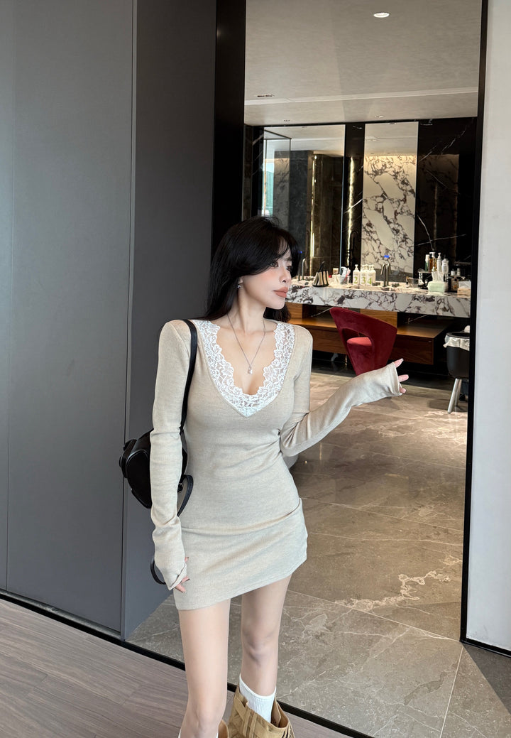 【dress】レースドッキングニットミニワンピース　N3831