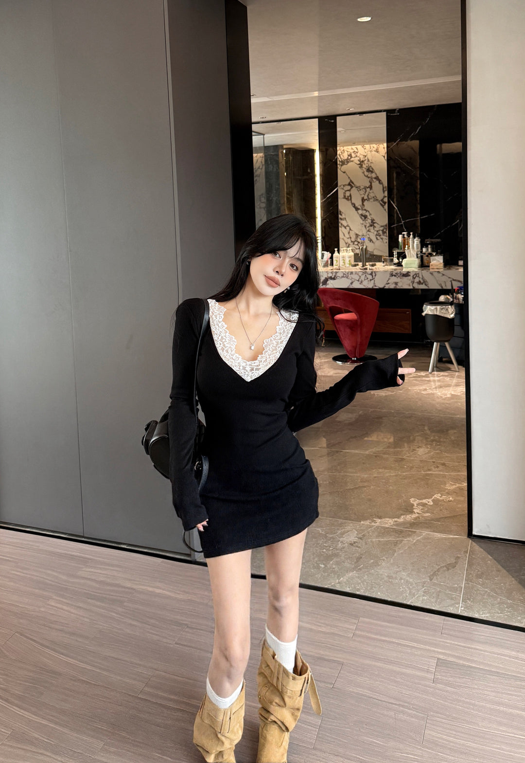 【dress】レースドッキングニットミニワンピース　N3831