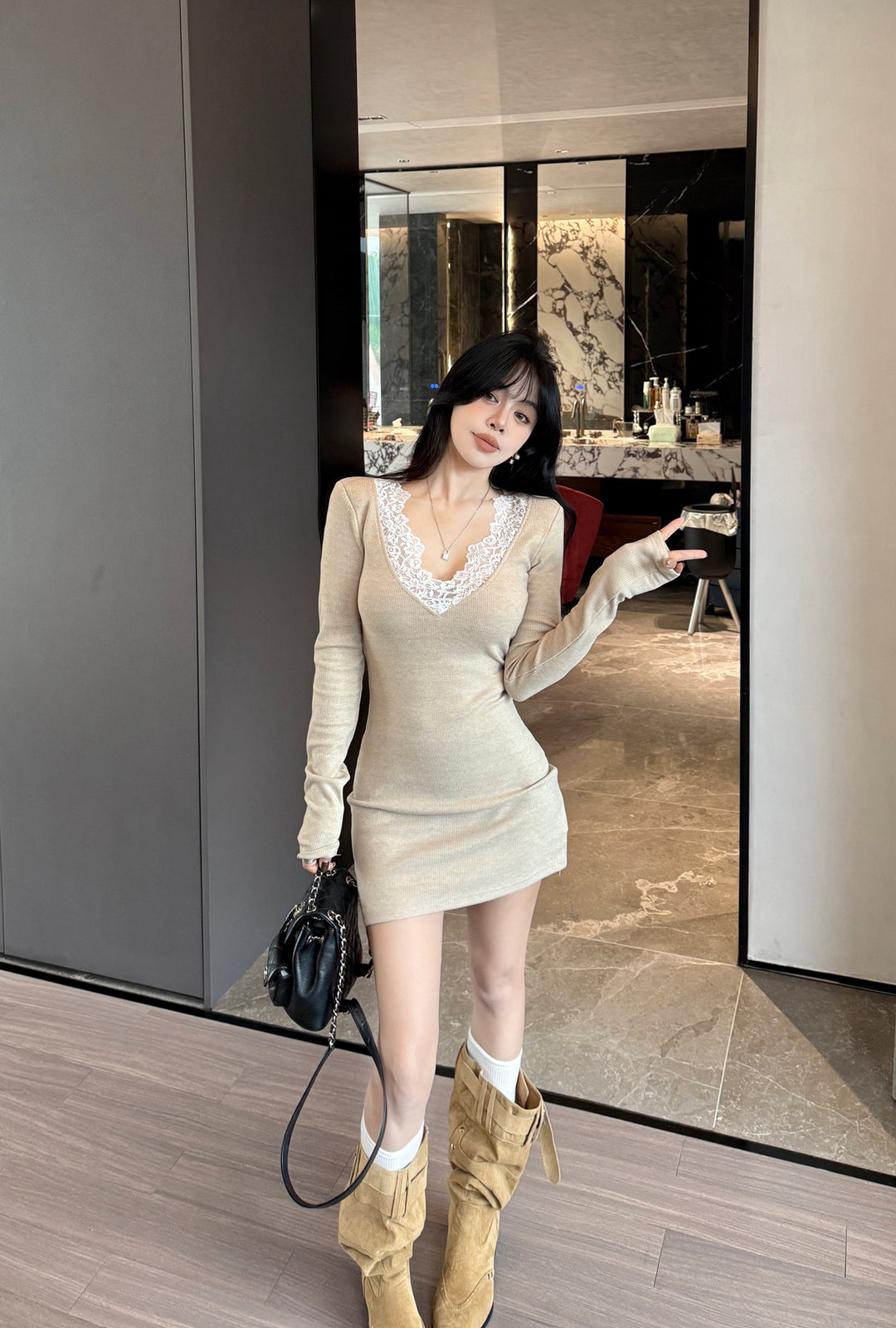 【dress】レースドッキングニットミニワンピース　N3831