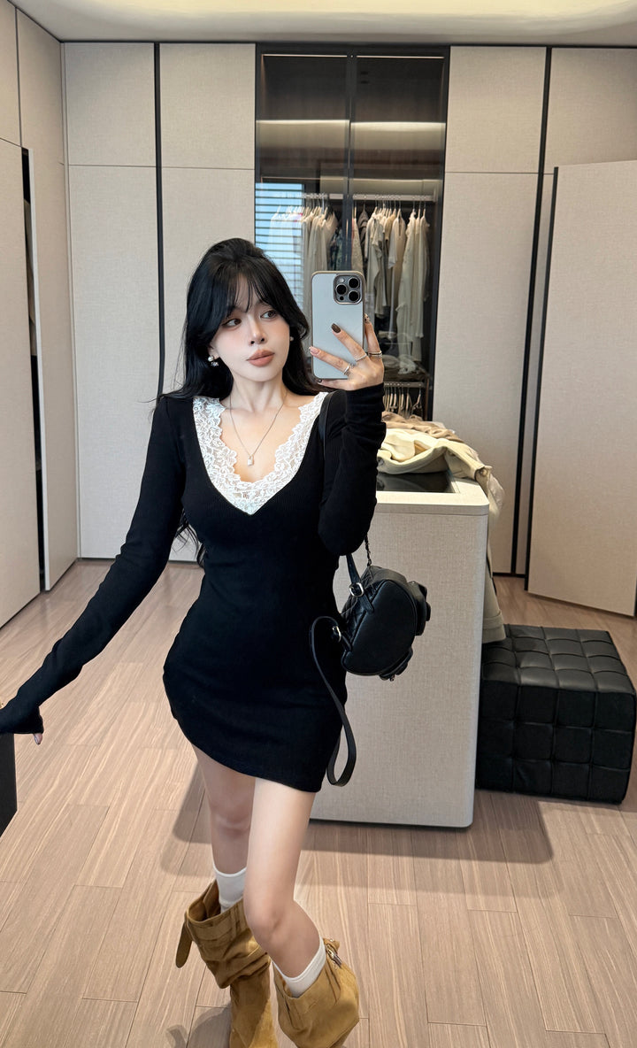 【dress】レースドッキングニットミニワンピース　N3831