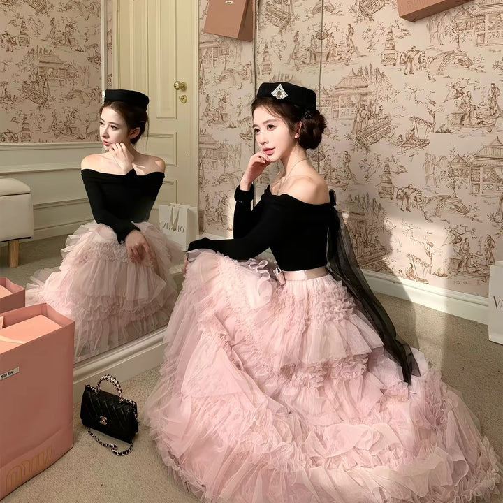 【dress】2WAYリボンチュールドッキングロングワンピース  N3839