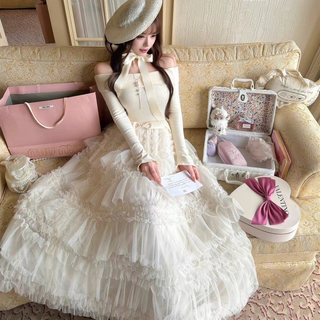【dress】2WAYリボンチュールドッキングロングワンピース  N3839