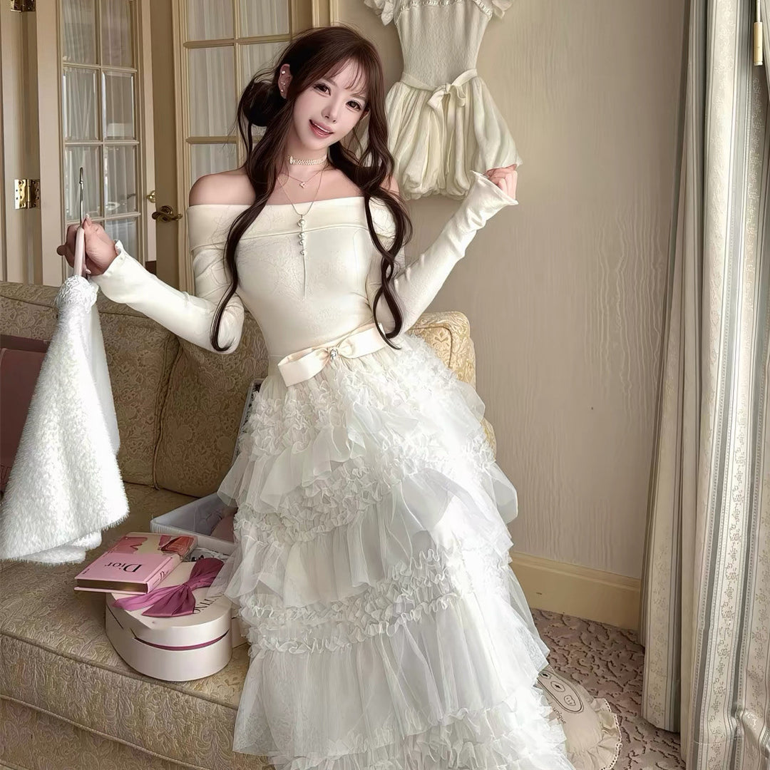 【dress】2WAYリボンチュールドッキングロングワンピース  N3839