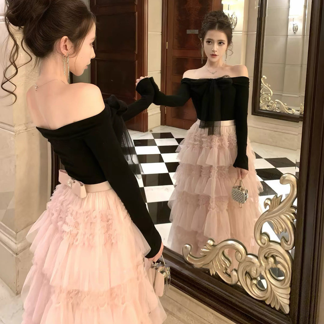 【dress】2WAYリボンチュールドッキングロングワンピース  N3839