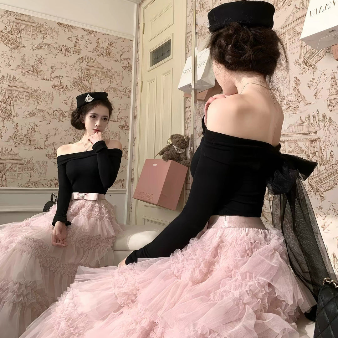 【dress】2WAYリボンチュールドッキングロングワンピース  N3839