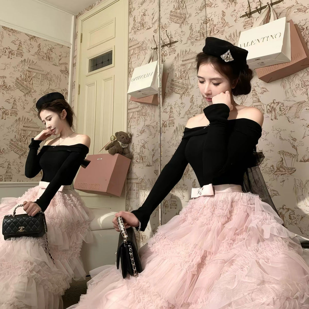 【dress】2WAYリボンチュールドッキングロングワンピース  N3839