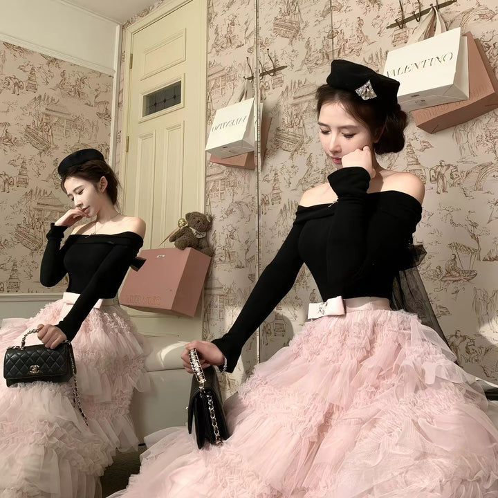 【dress】2WAYリボンチュールドッキングロングワンピース  N3839