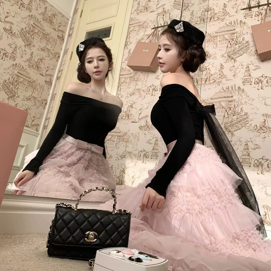 【dress】2WAYリボンチュールドッキングロングワンピース  N3839