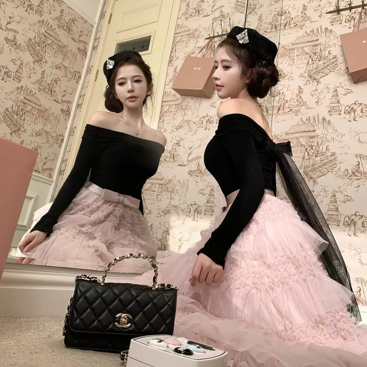 【dress】2WAYリボンチュールドッキングロングワンピース  N3839