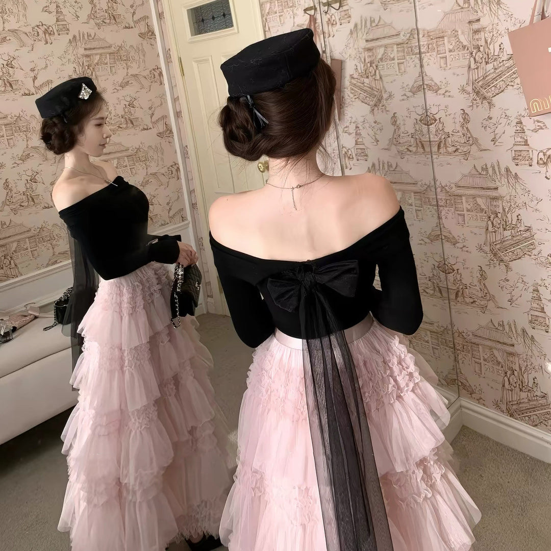 【dress】2WAYリボンチュールドッキングロングワンピース  N3839