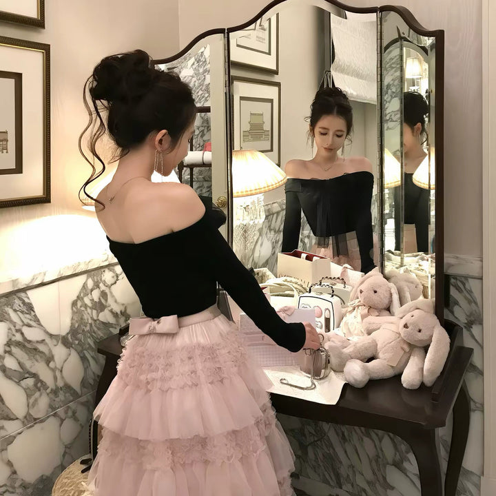 【dress】2WAYリボンチュールドッキングロングワンピース  N3839
