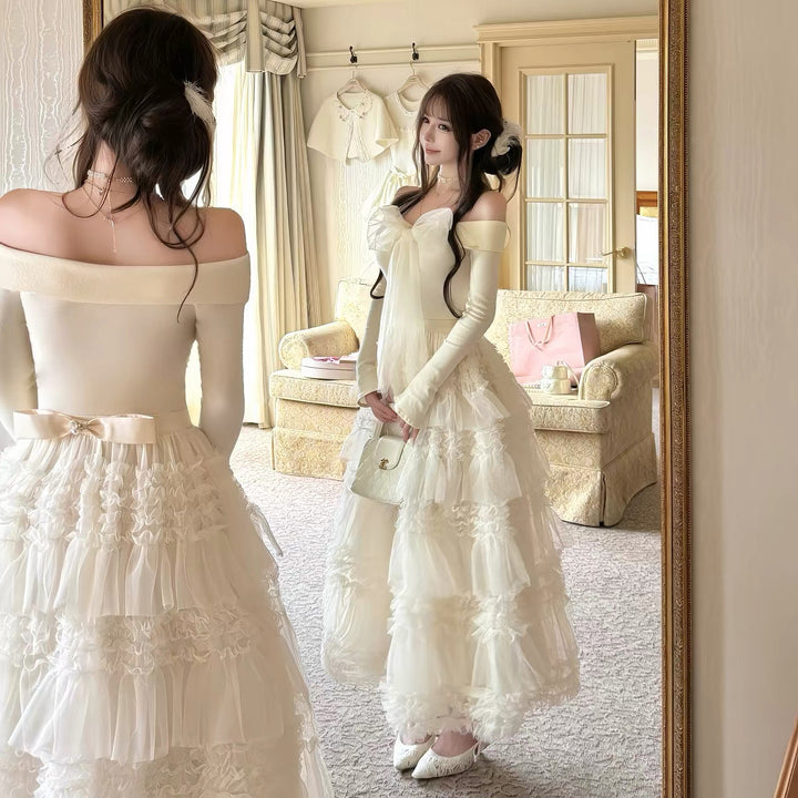 【dress】2WAYリボンチュールドッキングロングワンピース  N3839