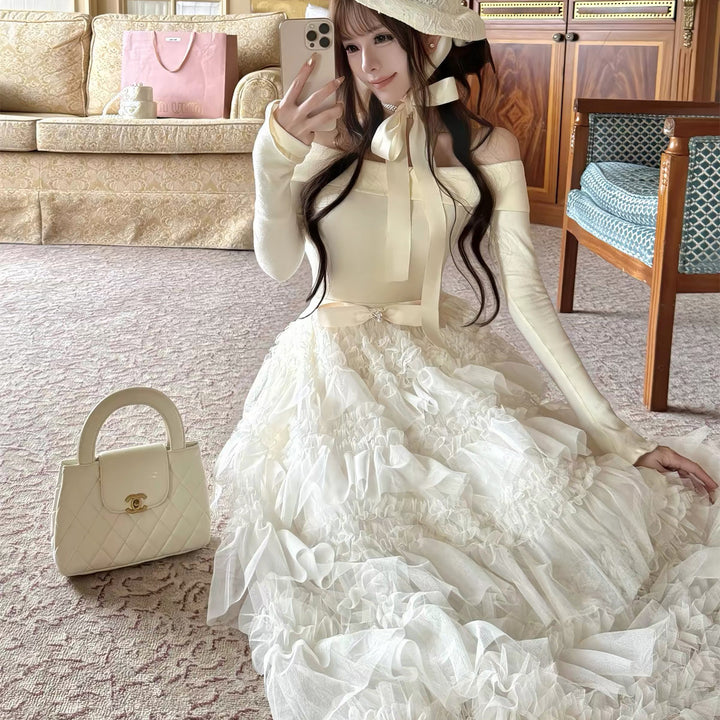 【dress】2WAYリボンチュールドッキングロングワンピース  N3839