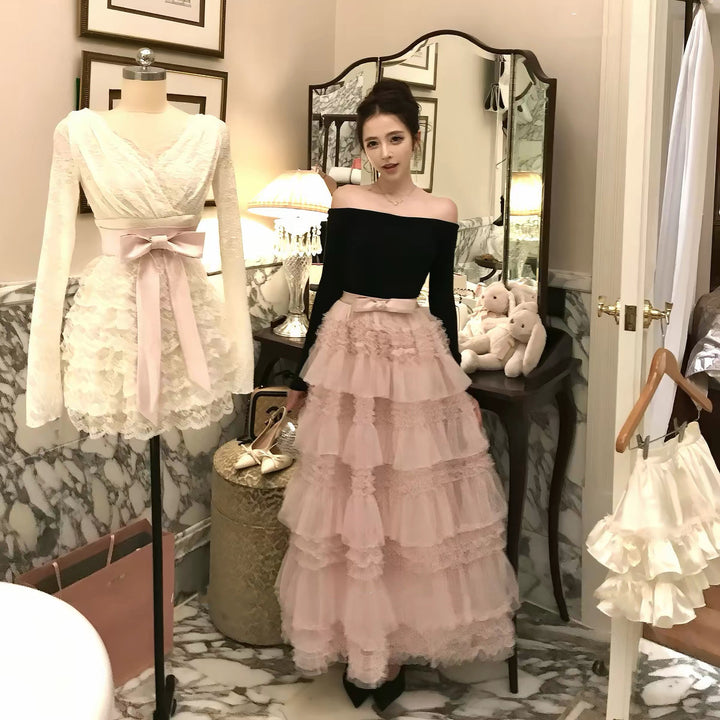 【dress】2WAYリボンチュールドッキングロングワンピース  N3839