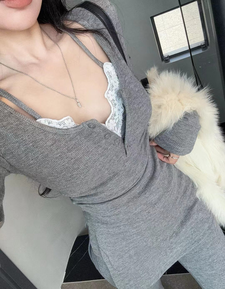【set】レースドッキングニットトップス×フレアパンツセット  N3840