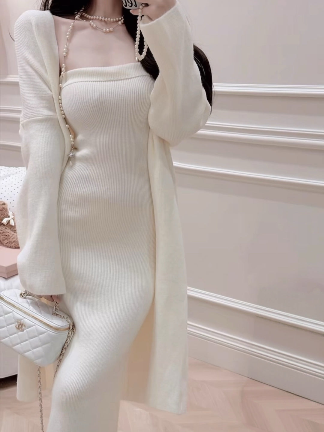 【set】ロングカーディガン×ベアトップワンピースセットN2799