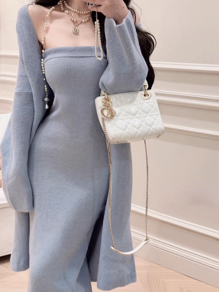 【set】ロングカーディガン×ベアトップワンピースセットN2799