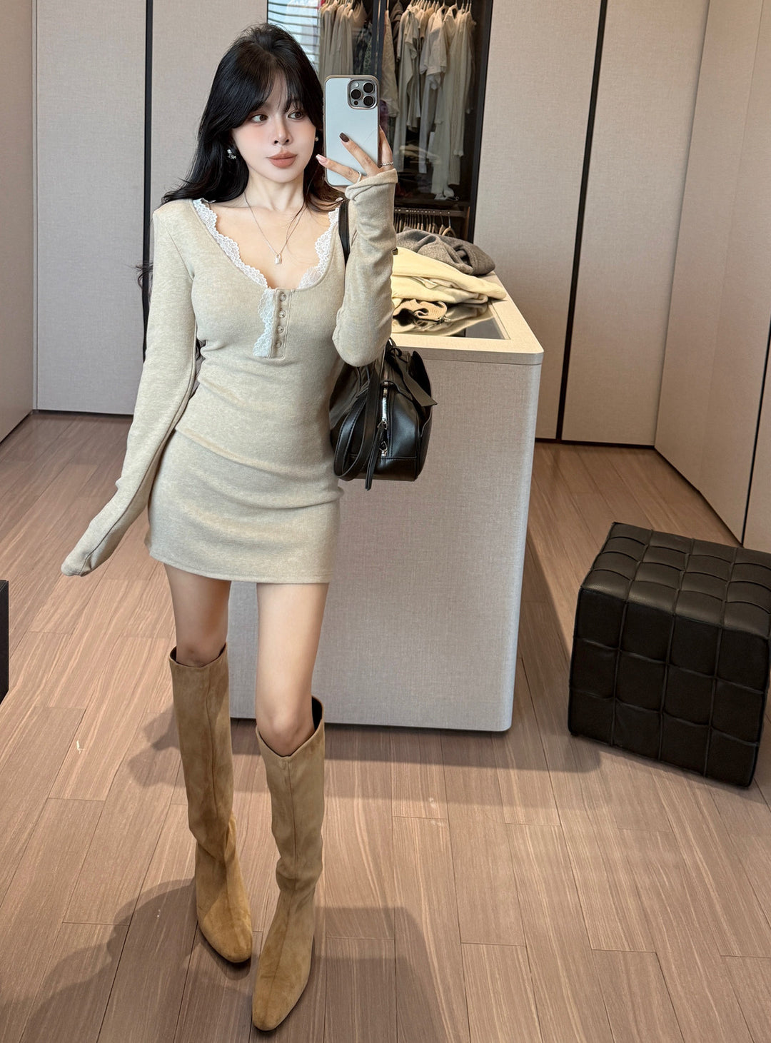 【dress】レースドッキングニットミニワンピース　N3848