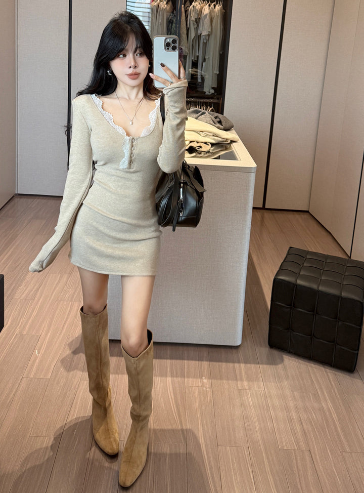【dress】レースドッキングニットミニワンピース　N3848