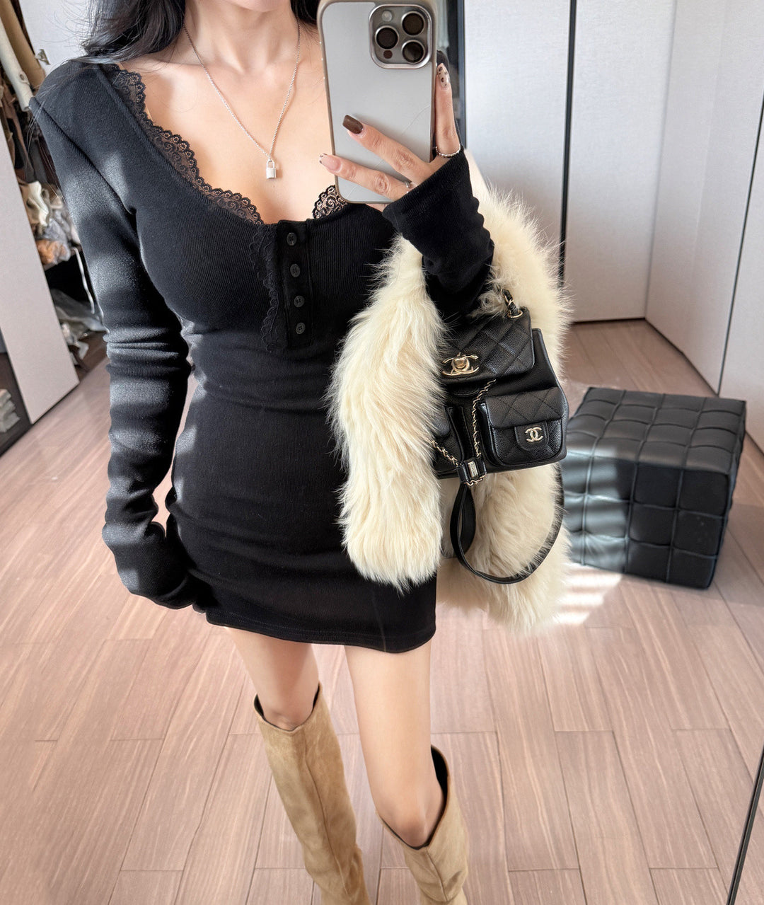 【dress】レースドッキングニットミニワンピース　N3848
