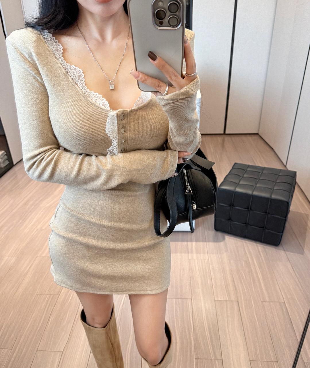 【dress】レースドッキングニットミニワンピース　N3848