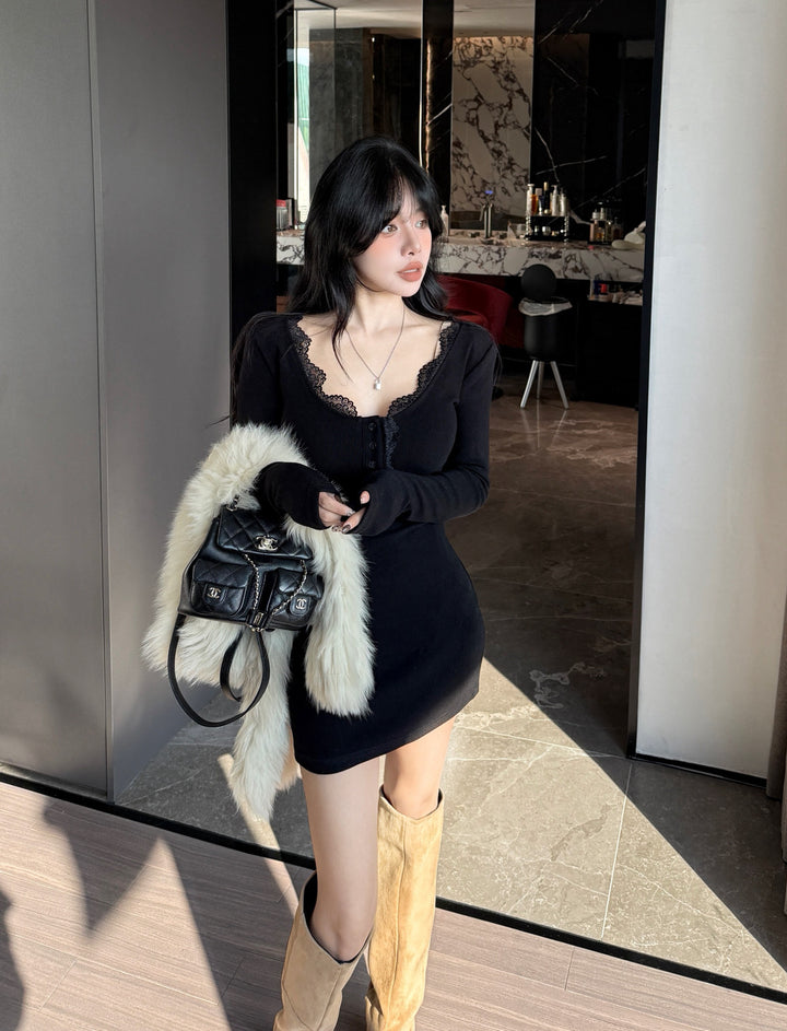 【dress】レースドッキングニットミニワンピース　N3848