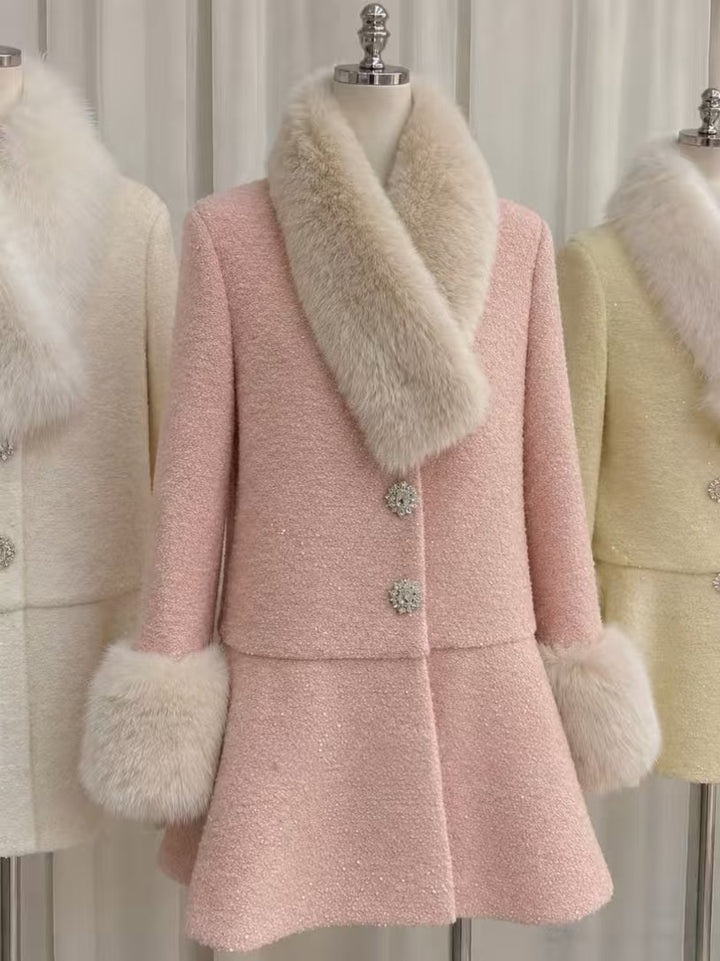 【outer】ファー付きツイードダウンコート    N3851