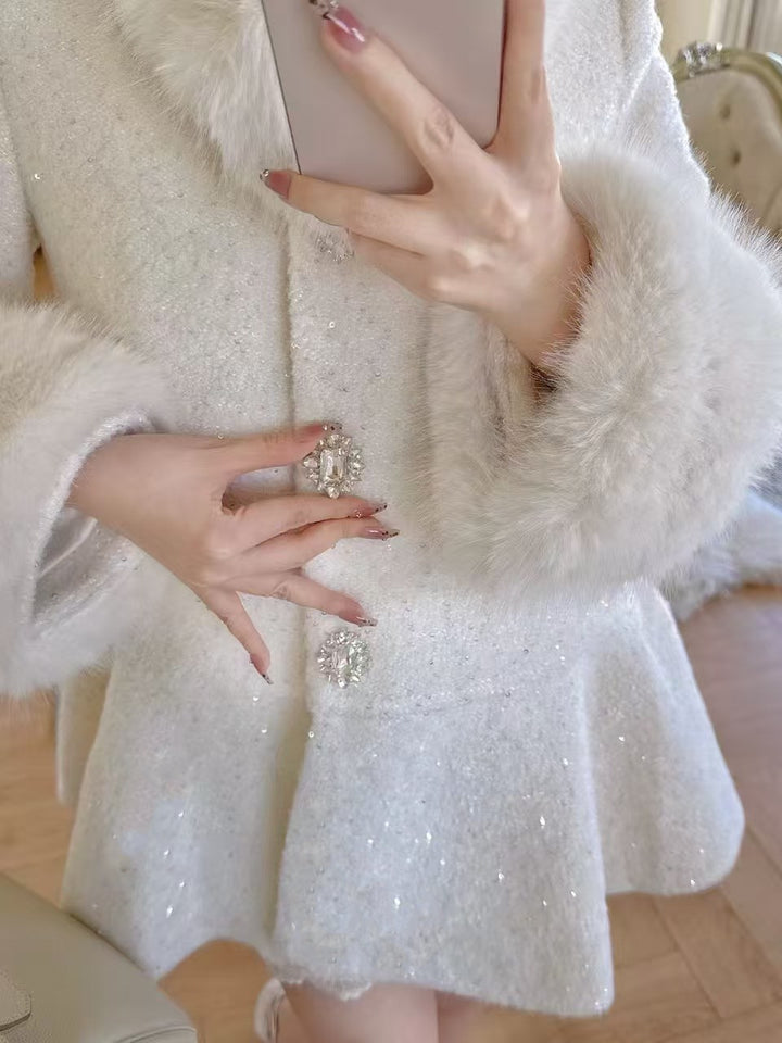 【outer】ファー付きツイードダウンコート    N3851