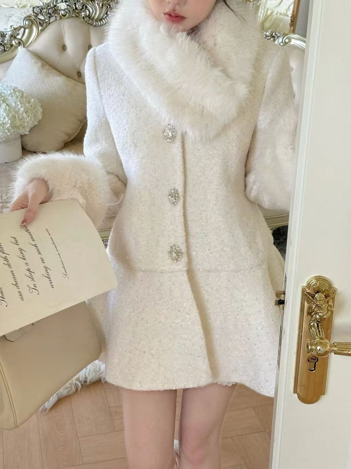 【outer】ファー付きツイードダウンコート    N3851
