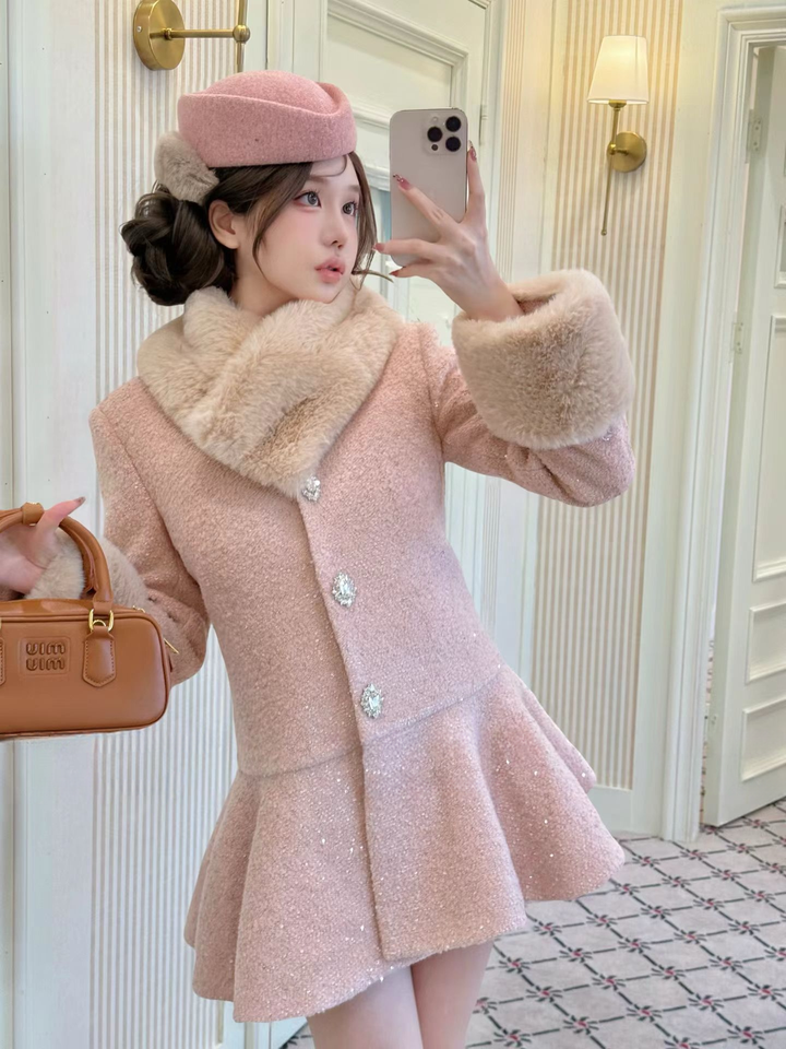 【outer】ファー付きツイードダウンコート    N3851