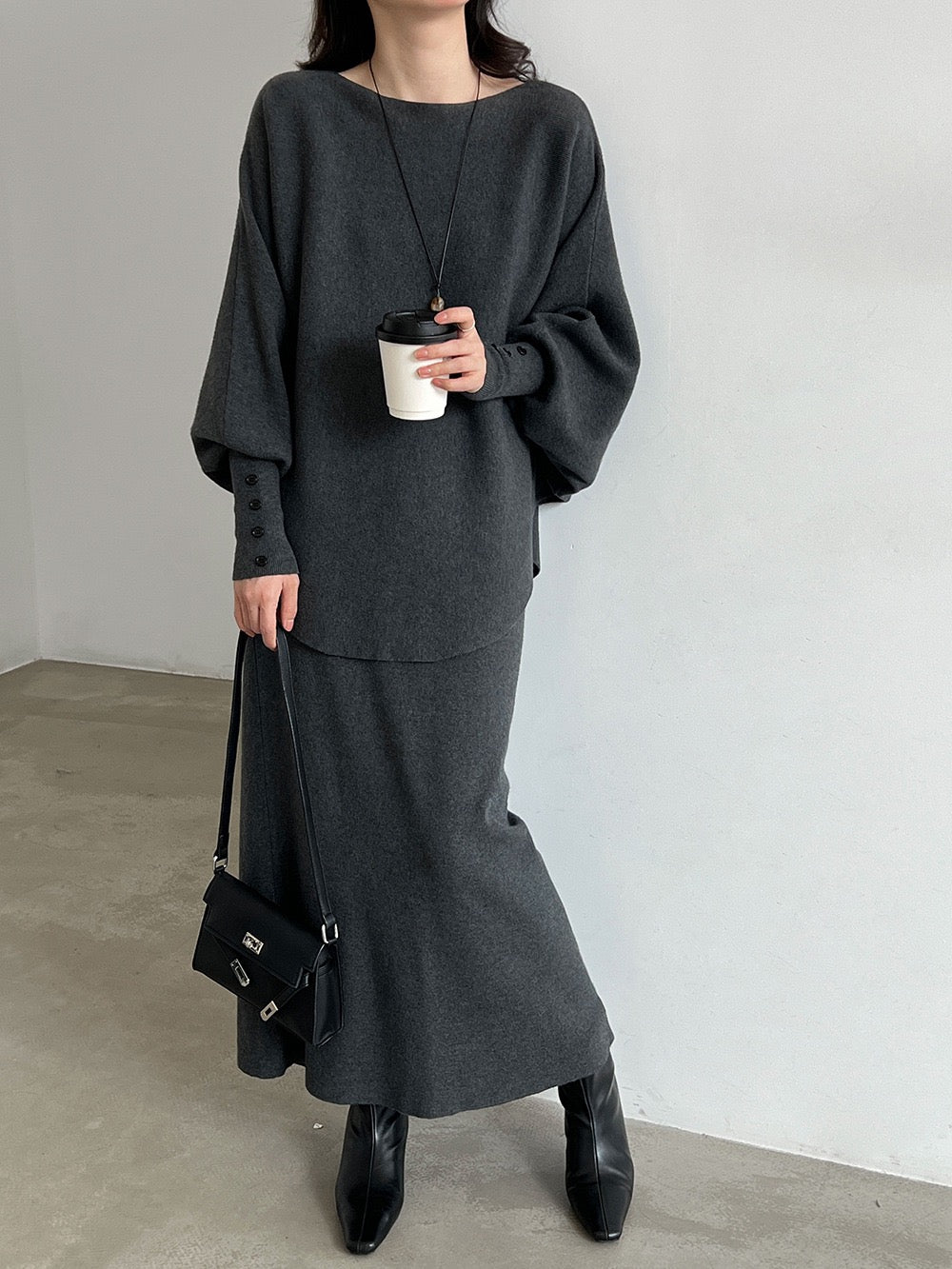 【set】ベルト付きドルマンスリーブニットトップス×ロングスカートセット  N3855