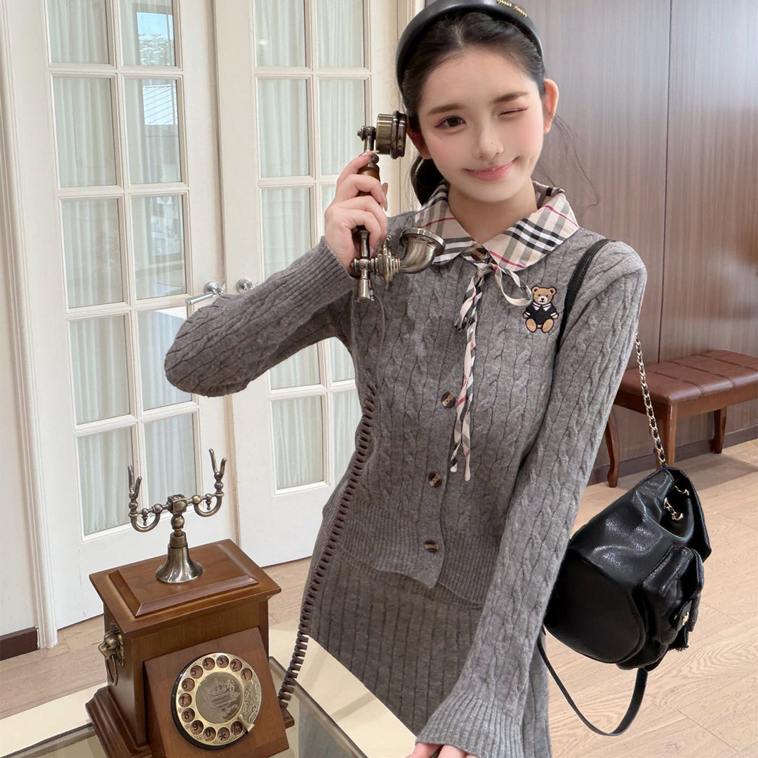 【set】ケーブルニットカーディガン×スカートセット  N3854